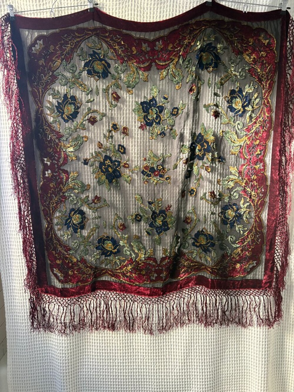 Floral velvet burnout fringed piano shawl 42 inches square witchy whimsigoth